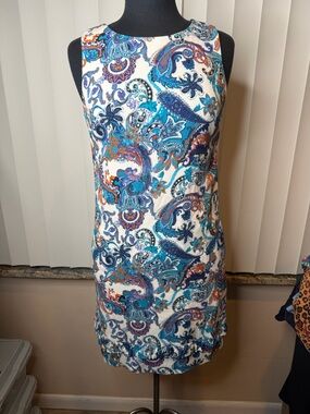 Sara Campbell Sleeveless Paisley Shift Dress Teal & Blue Ruffled Hem Size Small